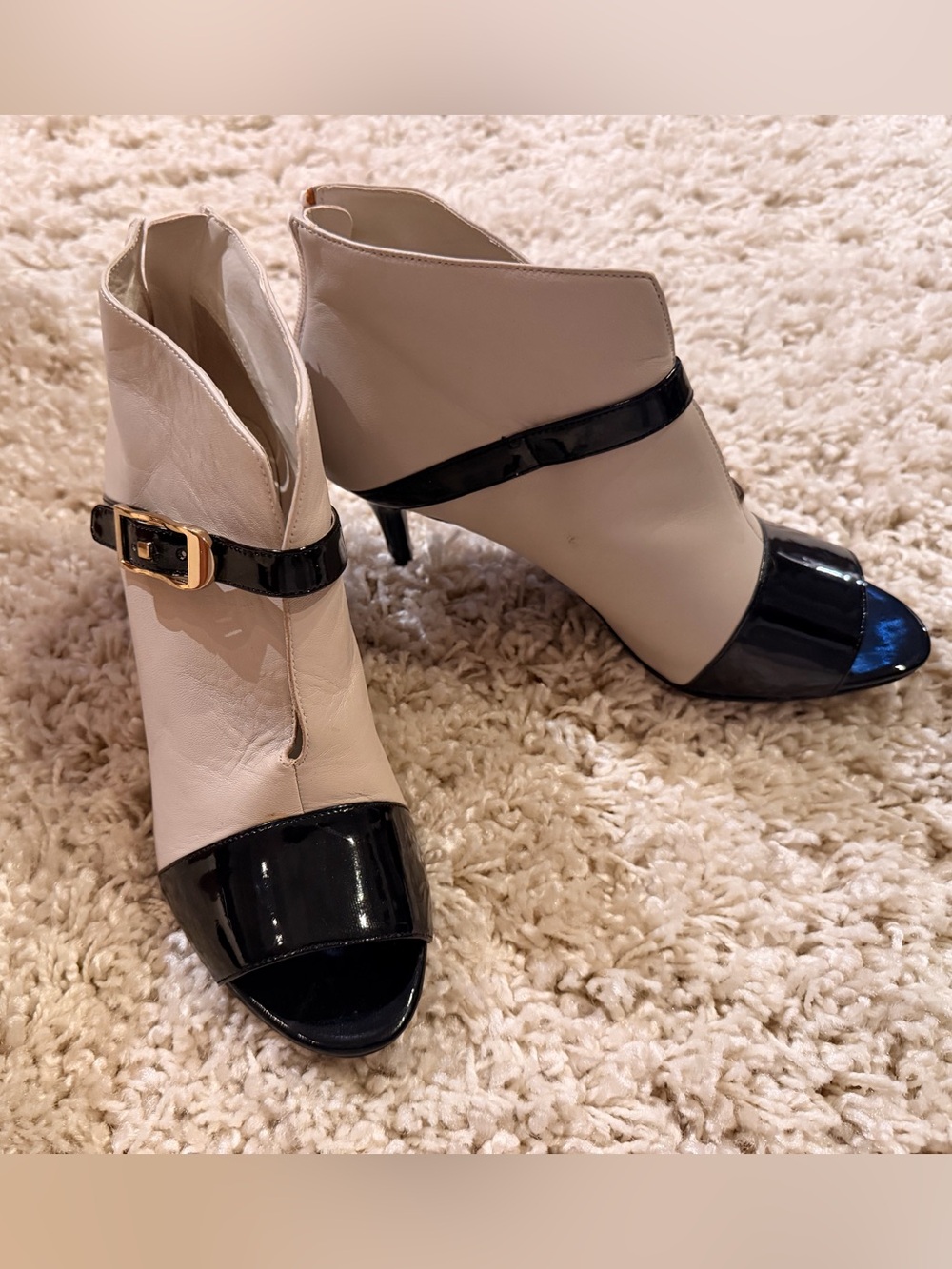 Marc Fisher Two-Tone Beige and Black Peep-Toe Ankle Booties with Buckle